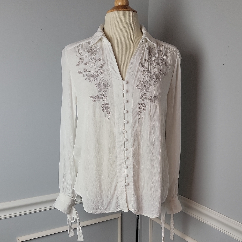 VINTAGE AMERICA BLUES White‎ Embroidered Boho Peasant Tie Cuff Button Up Top M